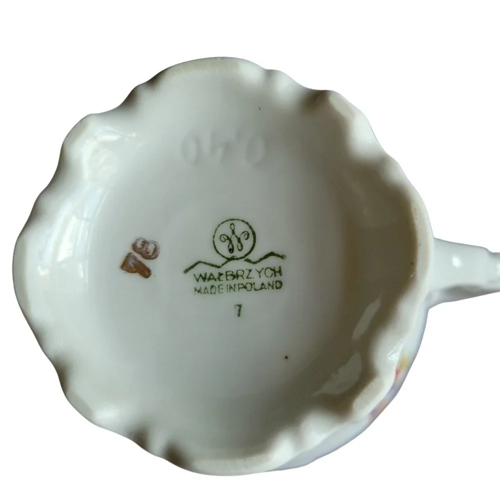 Walbrzych Poland White Embossed Floral Gold Rim‎ Creamer Cottage Vtg Tea Party
